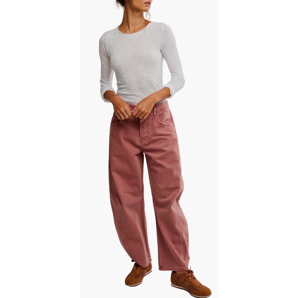 280.NWT Free People We The Free Good Luck Mid Rise Barrel Jeans Rose Pink  $198 - Picture 6 of 10